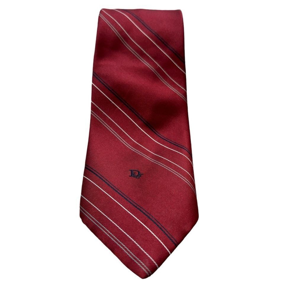 Vintage Men’s Christian Dior Burgundy Striped Silk Blend Tie - Picture 8 of 8